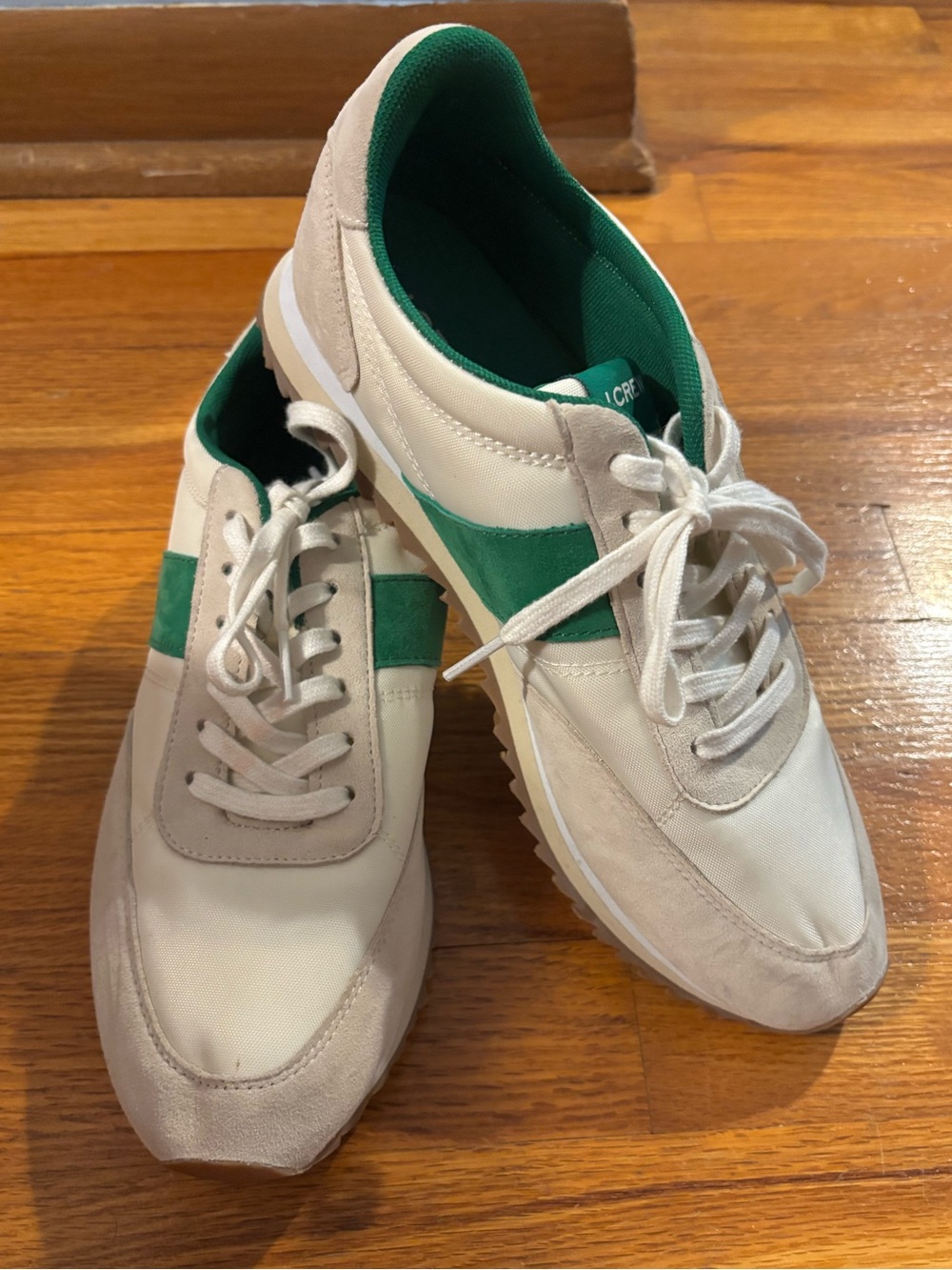 J. CREW Off White & Green Striped Suede Sneakers Sz 9